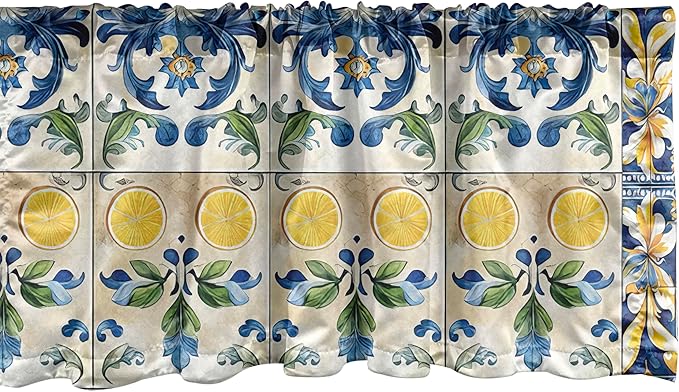 Ambesonne Mediterranean Window Valance Pack of 2, Checkered Abstract Modern Curlicue Leaves and Lemons Art Oriental, Rod Pocket Curtain Valances Kitchen Bedroom, 42" X 18",Blue Yellow and Green