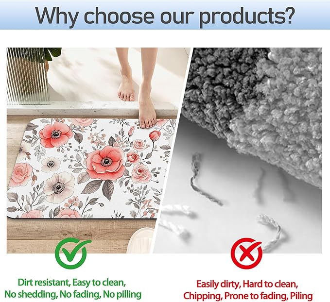 Vintage Poppy Flowers Bathroom Rug 29.5"x17", Super Absorbent Fast Drying Bath Mat with Non-Slip Rubber Backing, Thin Low-Profile Easy-Clean Bathroom Floor Mat for Shower or Tub