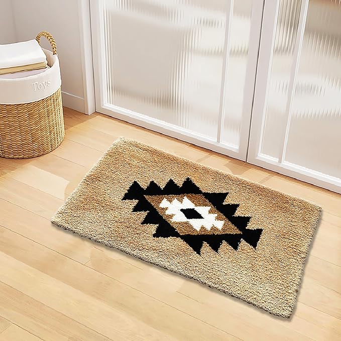 Boho Bath Mats Non Slip Geometric Bathroom Rugs Fluffy Soft Absorbent Bath Rug for Bathroom Shower Sink Home Entryway Bohemian Farmhouse Decor 30"×20", Camel