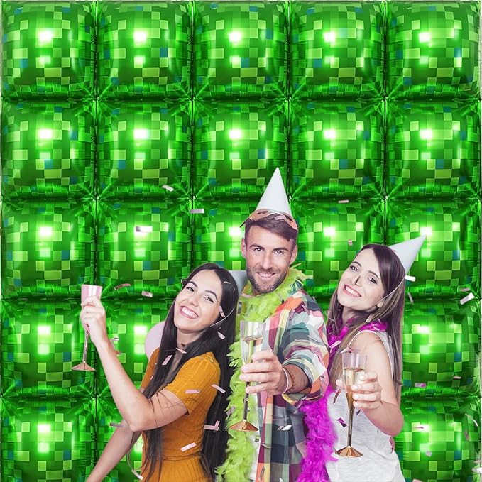 Green Pixel Square Balloon Wall, 25 PCS Green Pixel Square Foil Balloons Wall Backdrop Balloons Tunnel Arch for Kids Boys Video Game Theme Birthday Party Decoration