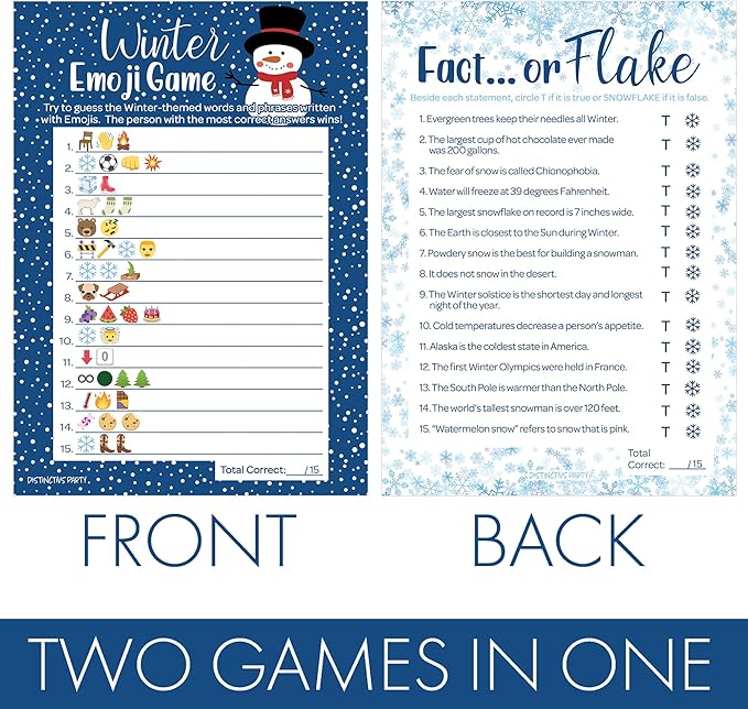 DISTINCTIVS Winter Holiday Party Games Emoji Picture Guessing and Fact or Flake Winter Trivia 2 Game Bundle for Kids - 25 Dual Sided Cards