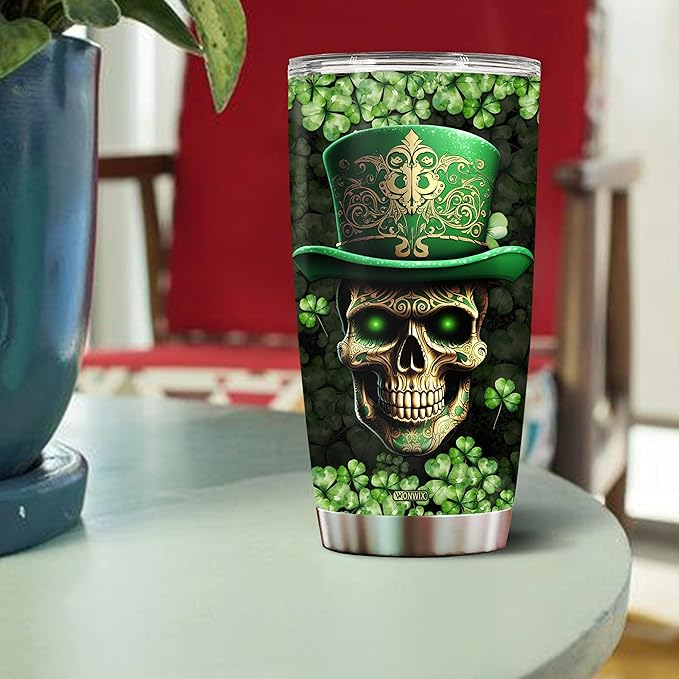 Personalized Skull Leprechaun Shamrock St Patricks Tumbler Coffee Cup Water Bottle Gift for Men Women Him Her 20oz Stainless Steel Insulated Travel Mug with Lid