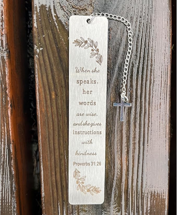 Christian Bookmark Gifts for Women Girls Boys, Inspirational Religious Book Mark Markers Faith (When she Speaks her Words), Silver