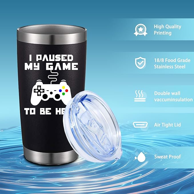 ATHAND I Paused My Game to Be Here Gaming Mug,20 Oz Funny Stainless Steel Insulated Iced Coffee Tumbler with Lid and Straw,Gamer Gifts for Men,Boys,Dad,Husband Uncle Brother Kids Teens Boyfriends