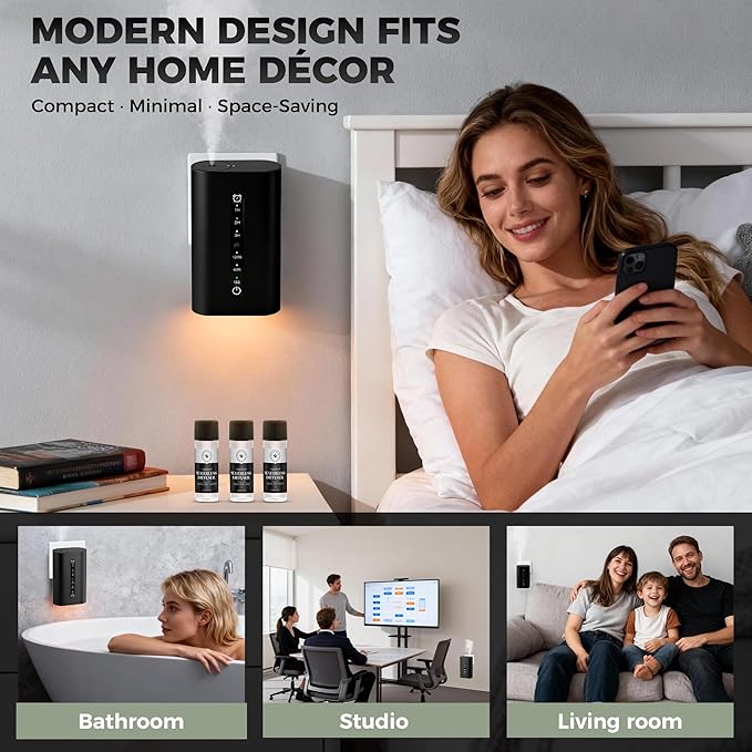 Smart Plug-in Scent Diffuser Set, Waterless Scent Diffusers Home, Cold Air Mist, Timer Control, and 3 Mist Intensity Settings, Suitable for Home, Office, and Small Spaces,Black