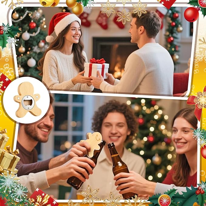 Vesici 12 Pcs Magnetic Bottle Opener 2.5in DIY Bamboo Gingerbread Man Shape Beer Openers Wooden Fridge Magnet Refrigerator Sticker Gift for Beer Lover Wedding Guest Kitchens Bars Parties