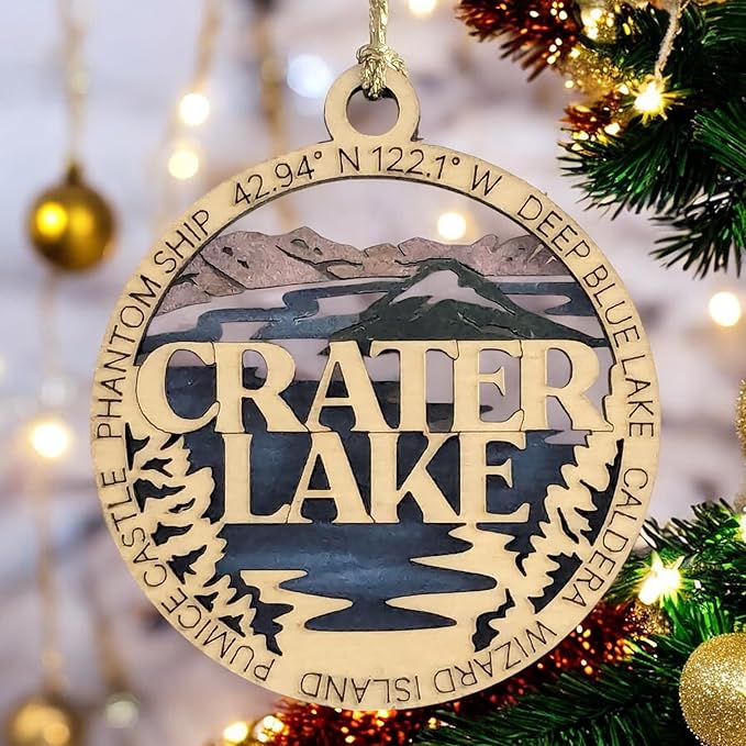 Crater Lake National Park Wood Ornament - Laser Cut Christmas Decoration, Handmade in Oregon USA