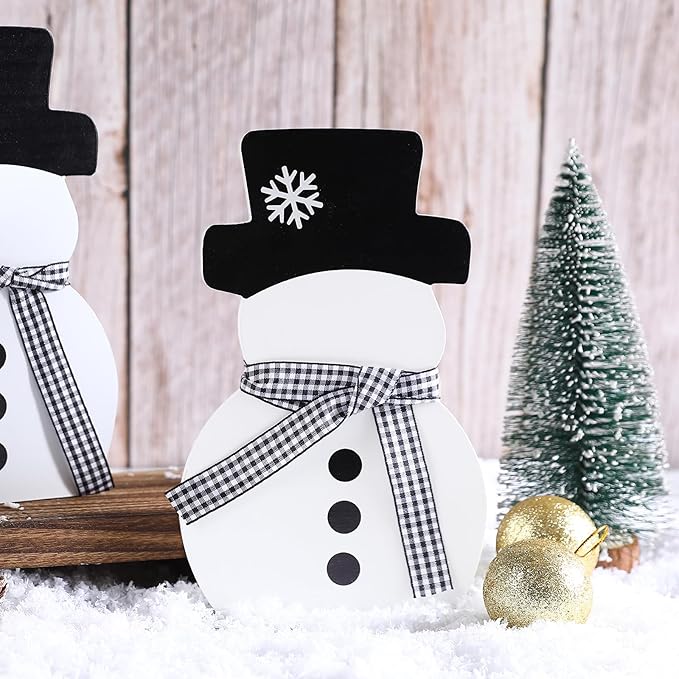 Christmas Decorations-2pcs Winter Wooden Snowman Signs Winter White Standing Farmhouse Snowman for Office Table Mantle Home Xmas Party Decor
