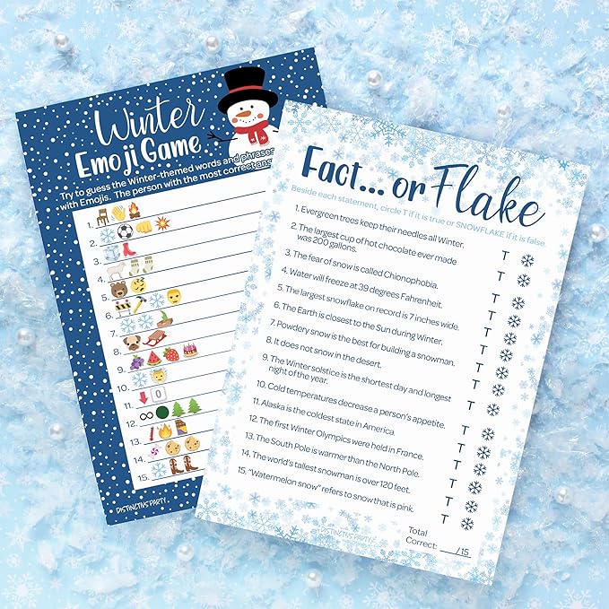 DISTINCTIVS Winter Holiday Party Games Emoji Picture Guessing and Fact or Flake Winter Trivia 2 Game Bundle for Kids - 25 Dual Sided Cards
