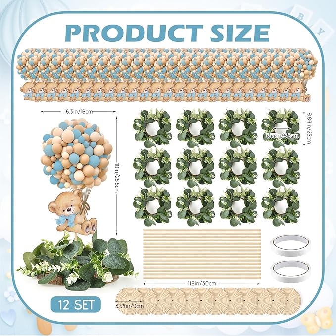 12 Set Blue Baby Shower Table Centerpieces Decortion Blue Bear with Eucalyptus Wreath Wood Slices Welcome Baby Table Topper for Gender Reveal It's A Boy Party Favors