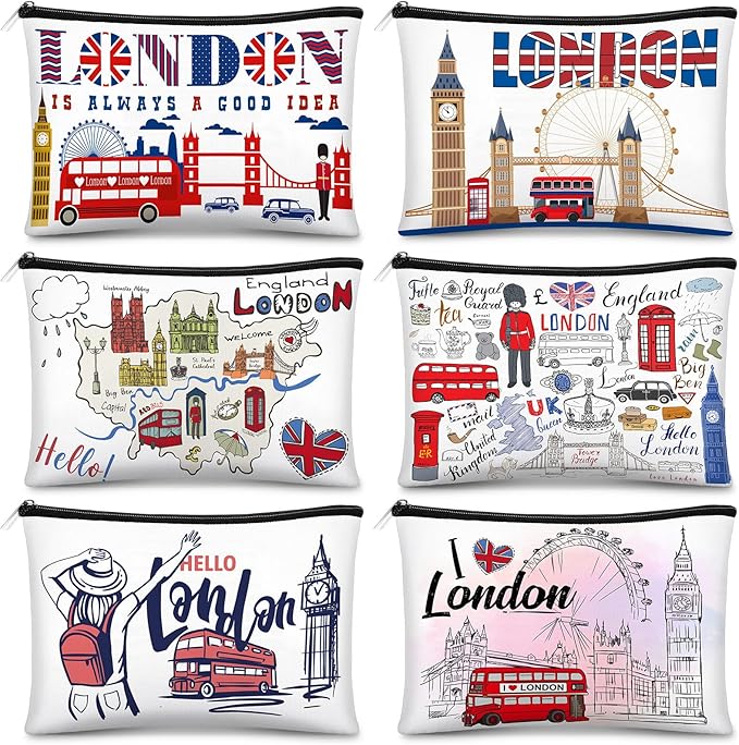 Reginary 6 Pcs City Cosmetic Bag Souvenir Gifts New York Zipper Pouch Chicago Souvenir Seattle Boston Nashville London Paris Italy Alaska Gifts Memento for Women Traveler(London)