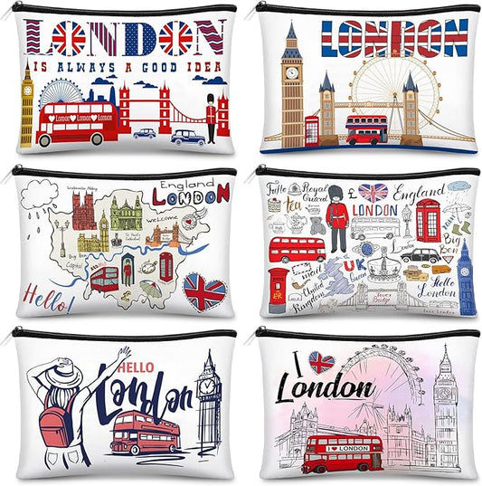 Reginary 6 Pcs City Cosmetic Bag Souvenir Gifts New York Zipper Pouch Chicago Souvenir Seattle Boston Nashville London Paris Italy Alaska Gifts Memento for Women Traveler(London)