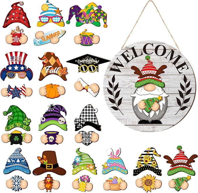 Qunclay Interchangeable Wooden Gnome Decor Holiday Seasonal Gnome Decorations with Magnet Pieces and Detachable Hats Changeable Welcome Sign for Home(White)