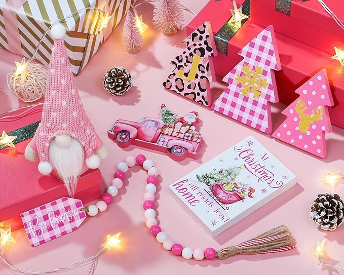 Pink Christmas Tiered Tray Decor 8 PCS Xmas Decorations Indoor - Believe Christmas Wooden Signs & Pink Xmas Gnome Plush Set - Table Decor Tier for Home Kitchen Mantel