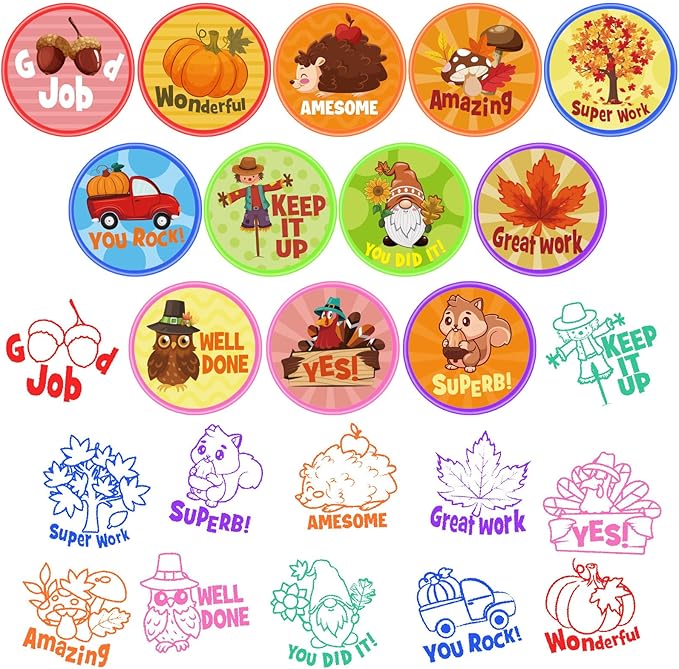 Cinrobiye 24 Pcs Fall Party Stampers for Kids, Autumn Thanksgiving Party Supplies Favors, Classroom Rewards, Carnival Prizes, Goodie Bag Pinata Fillers for Harvest Party School Events