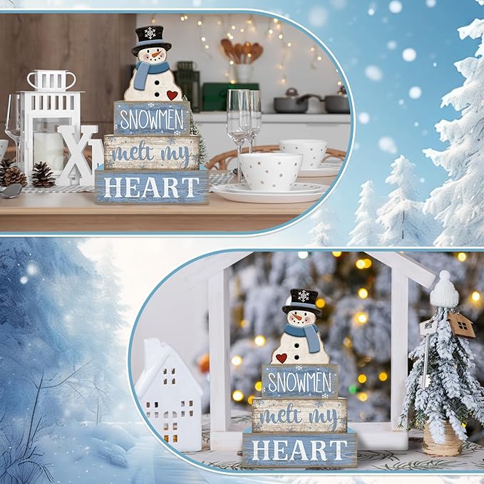 4 Pcs Winter Table Decorations Blue and White Snowman Decor Winter Tiered Tray Decor Christmas Table Centerpiece Rustic Decorative Snowmen Block Signs Gift Farmhouse for Home Kitchen Shelf