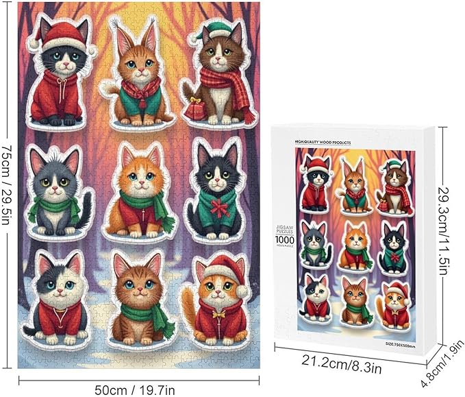 Wooden Puzzle 1000 Pieces Adult - Christmas Cat Puzzle Christmas Puzzles, Holiday Puzzles, Family Toys, Party Games, Jigsaw Puzzle Challenge and Funny