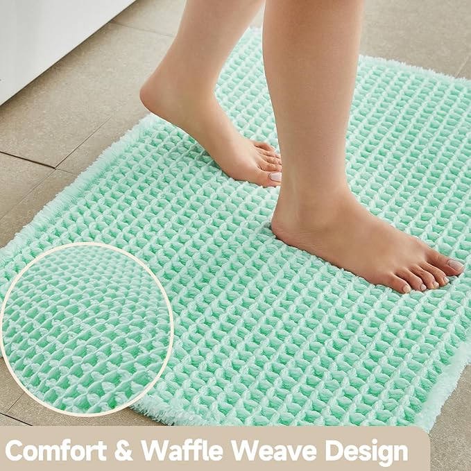 Waffle Bath Mat, Boho Bathroom Rugs Non Slip Washable Super Absorbent Quick Dry Cute Bath Mat Farmhouse Bathroom Decor, 24"x16" Aqua Blue
