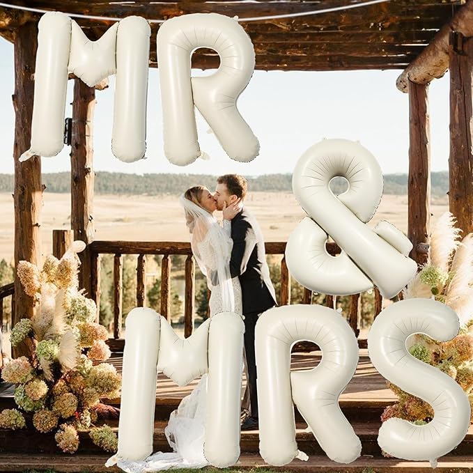 40 Inch Beige MR & MRS Balloons for Wedding Decor, Large Cream Mr and Mrs Foil Balloon Letter, Ivory White Sand Mr to Mrs Banner Sign for Bride Groom Engagement Couple Sweetheart Party Decorations