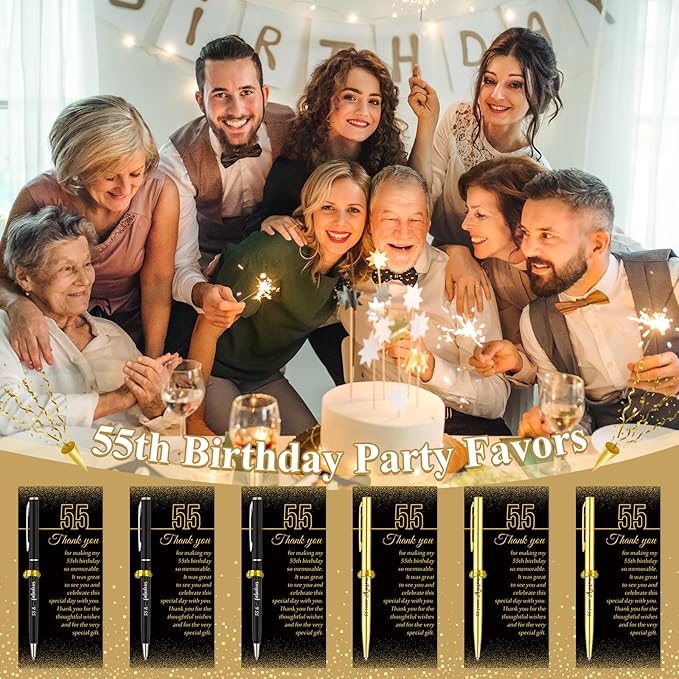 25 Sets 55th Birthday Party Favors for Guests with Black and Gold Birthday Ballpoint Pens and Glitter Thank You Cards for Women Men Anniversary Party Appreciation Gifts