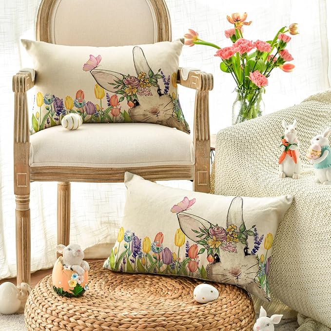 AVOIN colorlife Easter Floral Tulip Garland Bunny Throw Pillow Cover, 12 x 20 Inch Spring Rabbit Holiday Cushion Case Decoration for Sofa Couch Set of 2