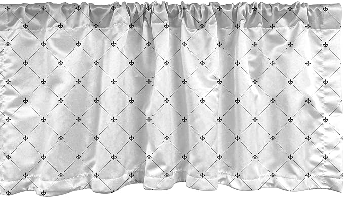 Ambesonne Fleur De Lis Window Valance Pack of 2, Monochrome Style Damask Pattern with Vintage Geometric Diamond Lines, Rod Pocket Curtain Valances for Kitchen Bedroom, 54" X 12", White and Black