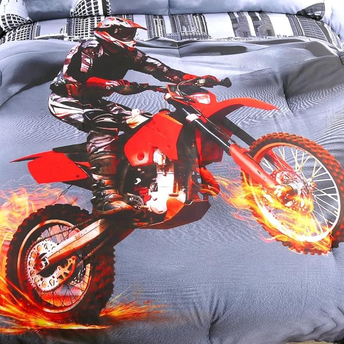 Dirt Bike Comforter Sets Full Size Racing Motocross Sports Extreme Theme Bedding Sets for Boys