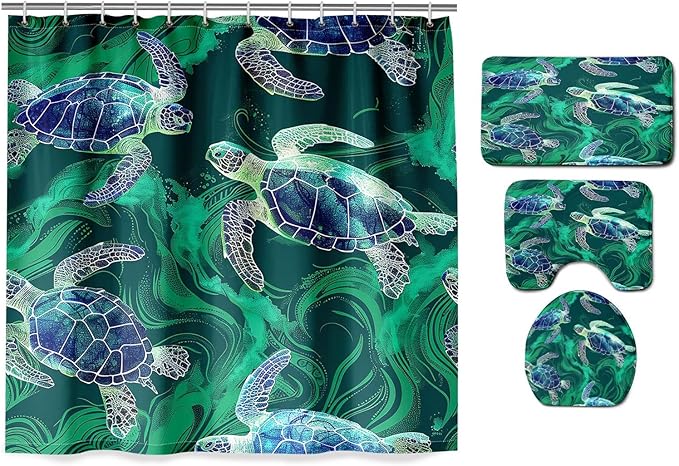 4 Pcs Turtle Shower Curtain - Ocean World Shower Curtain for Bathroom Ocean Shower Curtains Turtle Shower Curtain Set with Rug,Toilet Cover and Bath Mat with 12 Hooks