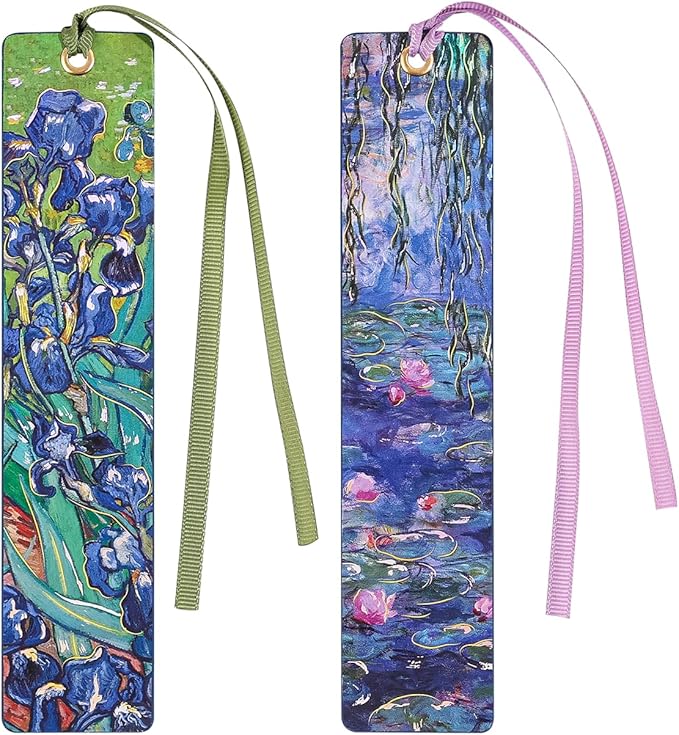 2Pcs Oil Painting Bookmarks for Women, Bookmarks Set for Book Lover, Book Marks for Reading, Vintage Book Marks for Kids Students Classroom Gift for Teacher Iris & Water Lily