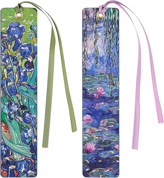 2Pcs Oil Painting Bookmarks for Women, Bookmarks Set for Book Lover, Book Marks for Reading, Vintage Book Marks for Kids Students Classroom Gift for Teacher Iris & Water Lily