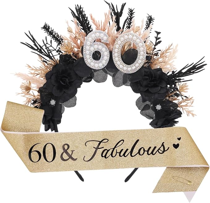Flower Black Birthday Headband - Dark Happy Birthday Crown and Sash Set for Women Fabulous Party Accessories