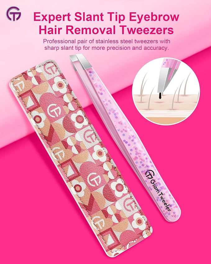 Expert Eyebrow Hair Removal Tweezer with Leather Case, GlamTweeler High Precision Slant Tip Stainless Steel Tweezers for Men and Women (Cherry Blossom Pink)