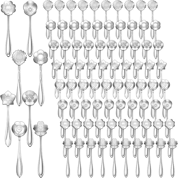 Eboot 80 Pcs Silver Flower Teaspoon Stainless Steel Tea Party Spoons Mini Cute Teaspoon for Stirring Coffee Sugar Drink Demitasse Kitchen Bar Tableware Party Favors Decorations