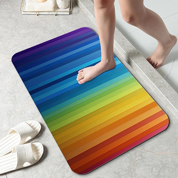 Bathroom Rug 29.5"x17", Abstract Rainbow Lines Bath Mat with Non-Slip Rubber Backing, Quick-Drying Absorbent Thin Floor Mat for Bathroom, Shower, Sink, or Kitchen