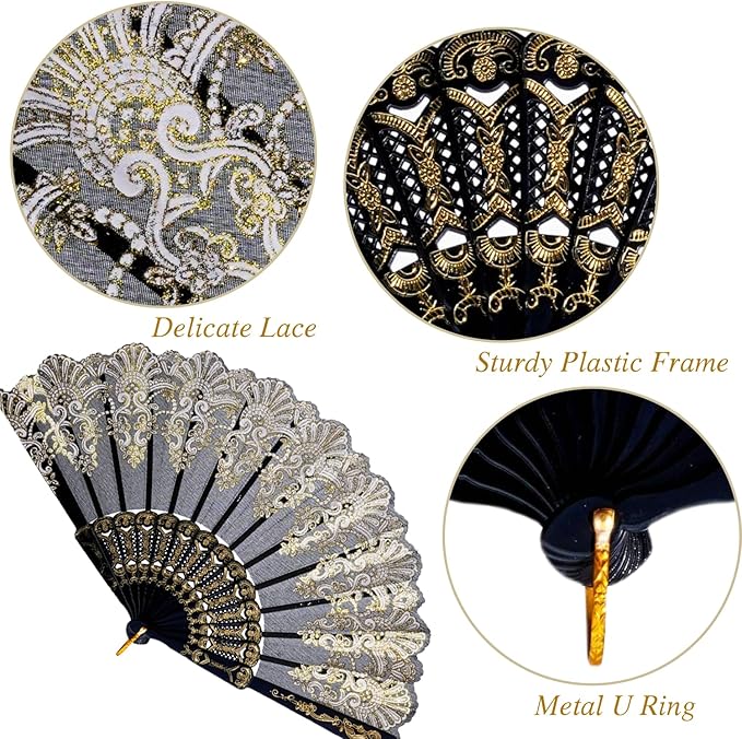QIRMIZI 30 Pack Folding Handheld Fans,Silk Spanish Fan, Perfect for Weddings, Parties, and Dancing,Black