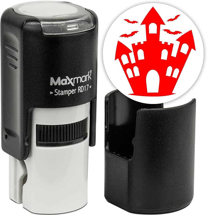 MaxMark Round Self Inking Halloween Stamp - Castle - Red Ink