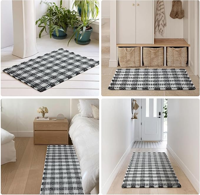 Waffle Runner Rug Bathroom, Long Boho Bathroom Rugs Non Slip Washable Absorbent Checkered Bathroom Mat Quick Dry Farmhouse Bath Mat, 60"x24" Black and White