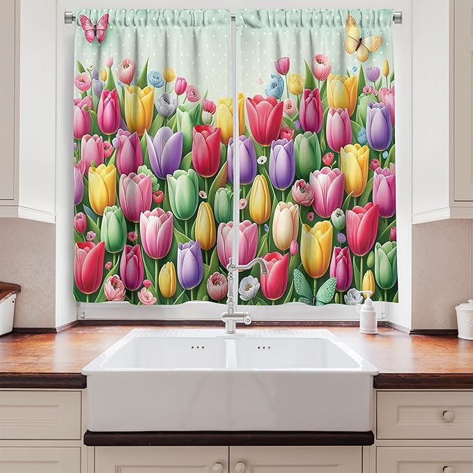 Ambesonne Tulip Flowers Long Kitchen Curtains, Dreamy Composition of Garden Scenario Butterfly and Dot Details, 2 Panel Set Drapes with Rod Pocket Room Decor, 55" x 45", Mint Green and Multicolor