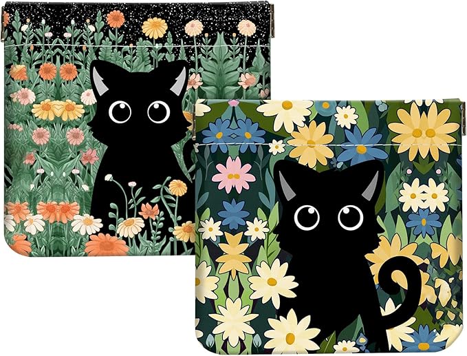 2Pcs PU Leather Small Squeeze Coin Purse Pouch Mini coin Bag Unique And Cute Wallet Cosmetic Bags Change Bag For Women Girls Men （Flowers and Black Cats
