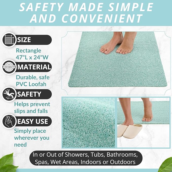Anti Slip Shower Mat - Non Slip Shower Mats for Inside Shower - Large 47x24 Loofah Shower Floor Mat Non Slip - Bath Mat for Shower - Secure Mat Without Suction Cups (47x24 Aqua Green)