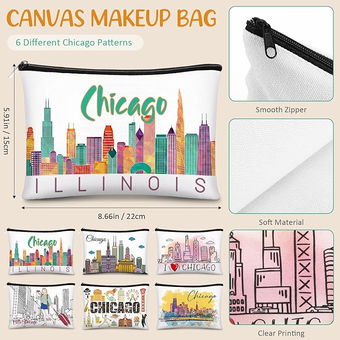 Reginary 6 Pcs City Cosmetic Bag Souvenir Gifts New York Zipper Pouch Chicago Souvenir Seattle Boston Nashville London Paris Italy Alaska Gifts Memento for Women Traveler(Chicago)