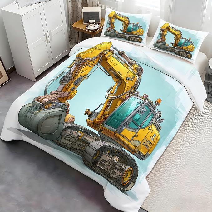 Yellow Excavator Bedding Set Full Size Engineering Vehicle Duvet Cover Construction Vehicle Comforter Cover Construction Machinery Bedding Set Soft Microfiber for Bedroom