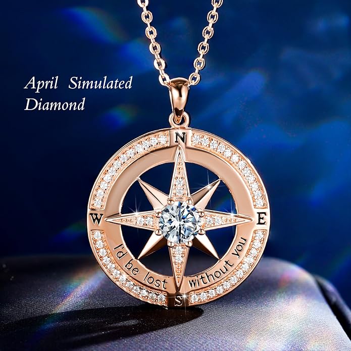 S925 Necklace Birthstone Compass Gift for Women Jewelry Sterling Silver Necklace for Wife Wedding Anniversary Girlfriend Birthday Gifts for Her Valentines Day Mom Mothers Day