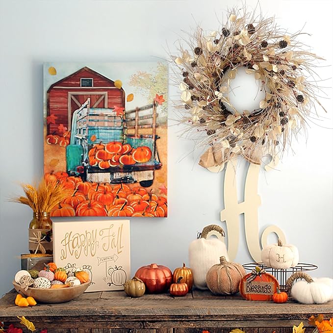Fall Wreath for Front Door 24 Inch Fall Door Wreaths, Large Autumn Wreath with Berry Pinecones and Raffia, Grapevine Decor for Door Wall Window Home and Halloween Christmas Thanksgiving Decoration