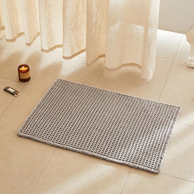 Waffle Bath Mat, Boho Bathroom Rugs Non Slip Washable Super Absorbent Quick Dry Bath Mat Farmhouse Bathroom Decor, 30"x20" Light Grey
