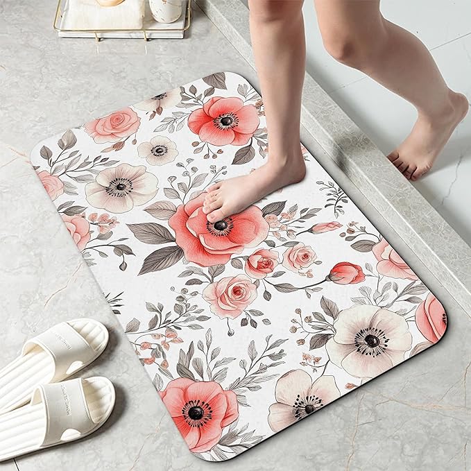 Vintage Poppy Flowers Bathroom Rug 29.5"x17", Super Absorbent Fast Drying Bath Mat with Non-Slip Rubber Backing, Thin Low-Profile Easy-Clean Bathroom Floor Mat for Shower or Tub