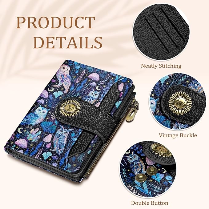 Owl Small Wallet Women RFID Blocking Bifold, Credit Card Holder, Zipper Coin Pocket, PU Leather, Magic, Compact, Travel, 4 ID Window, 14 Card Slots, Cash Purse, Ladies Woman Female Girls