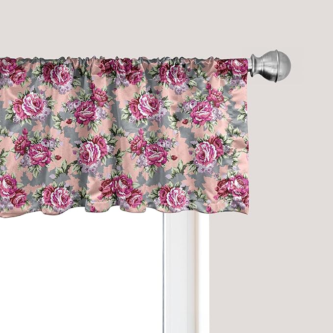 Ambesonne Peony Window Valance Pack of 2, Repetitive Vibrant Tones Modernized Flowers Print, Rod Pocket Curtain Valances for Kitchen Bedroom, 54" X 18", Pink Blush Grey