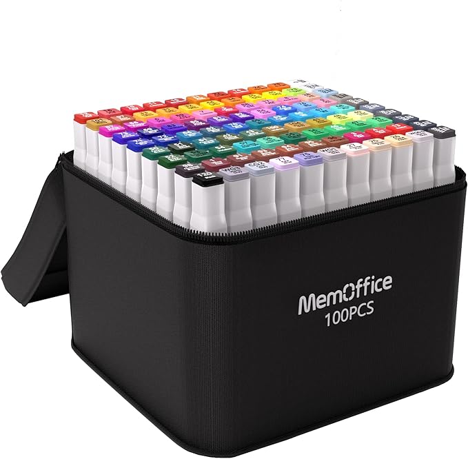 MemOffice 100 Colors Dual Tip Artist Alcohol Markers Set with Carrying Case - Perfect for Coloring, Drawing, Sketching, Card Making and Illustration - Perfect for Adults