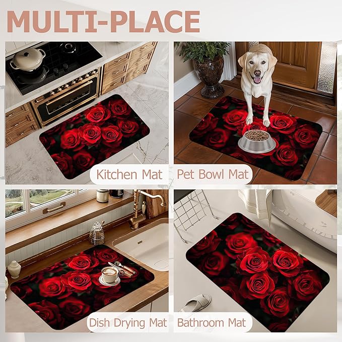 Non Slip Bath Mat,Red Roses Bathroom Decor,Floral Diatomaceous Bath Mat Quick Dry Absorbent Bathroom Rugs-Shower Rug for Kitchen Laundry Bathtub Shower 17"x29.5"